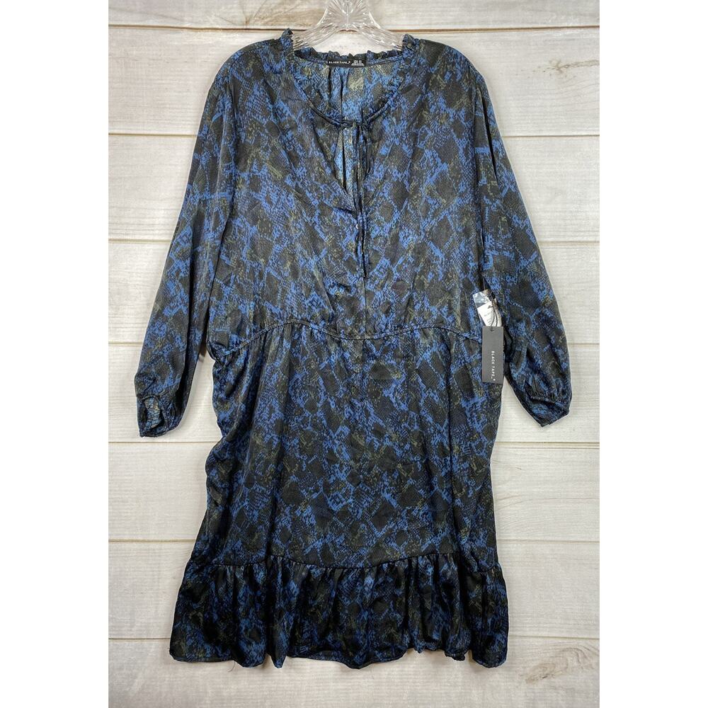 Black Tape Dress Womens 2X Blue Black Animal Print Satin Flowy Long Sleeve NWT